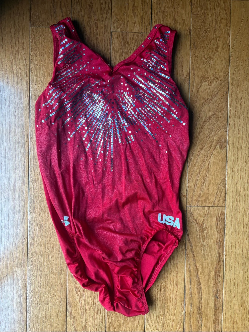 Red USA Gymnastics Leotard with Silver Sequin Burst